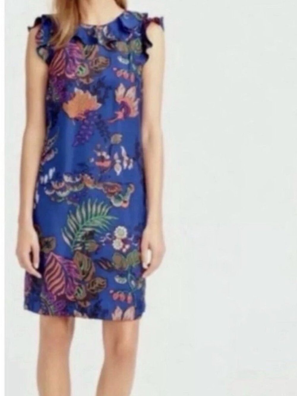 J. CREW Blue Tropical Floral 100% Silk Ruffle Dress Sz 4 - Picture 2 of 8